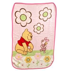 VTG Winnie Pooh Fleece Baby Blanket Piglet Flower Pink Soft 42x28 Gift Crib Farm